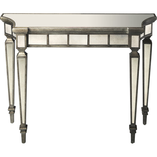 Garbo Mirrored Console Table by Butler Specialty Company in silver and mirror. Made from poplar solids, mdf, antique mirrored glass in a traditional style.