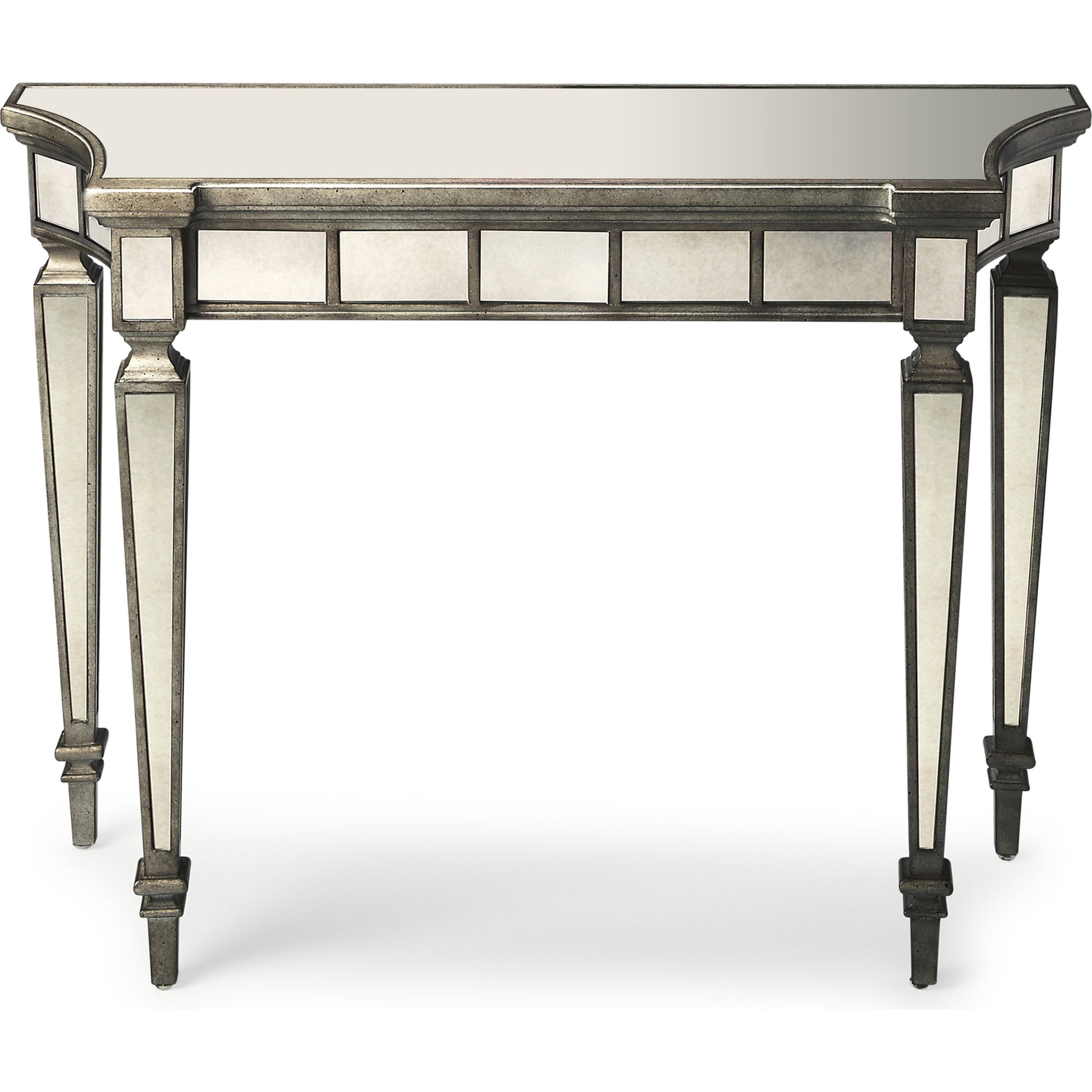 Garbo Mirrored Console Table by Butler Specialty Company in silver and mirror. Made from poplar solids, mdf, antique mirrored glass in a traditional style.