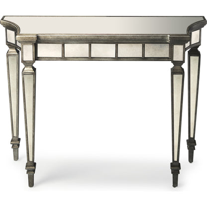 Garbo Mirrored Console Table by Butler Specialty Company in silver and mirror. Made from poplar solids, mdf, antique mirrored glass in a traditional style.