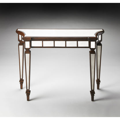 Garbo Mirrored Console Table by Butler Specialty Company in silver and mirror. Made from poplar solids, mdf, antique mirrored glass in a traditional style.