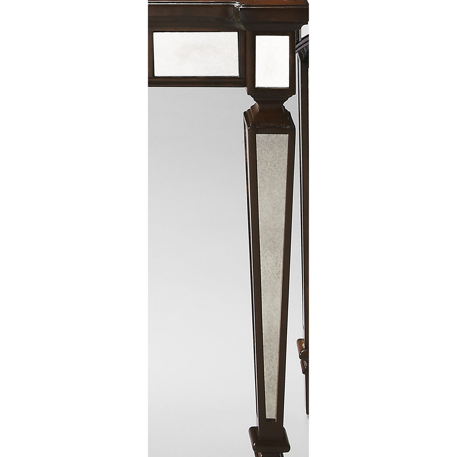 Garbo Mirrored Console Table by Butler Specialty Company in silver and mirror. Made from poplar solids, mdf, antique mirrored glass in a traditional style.