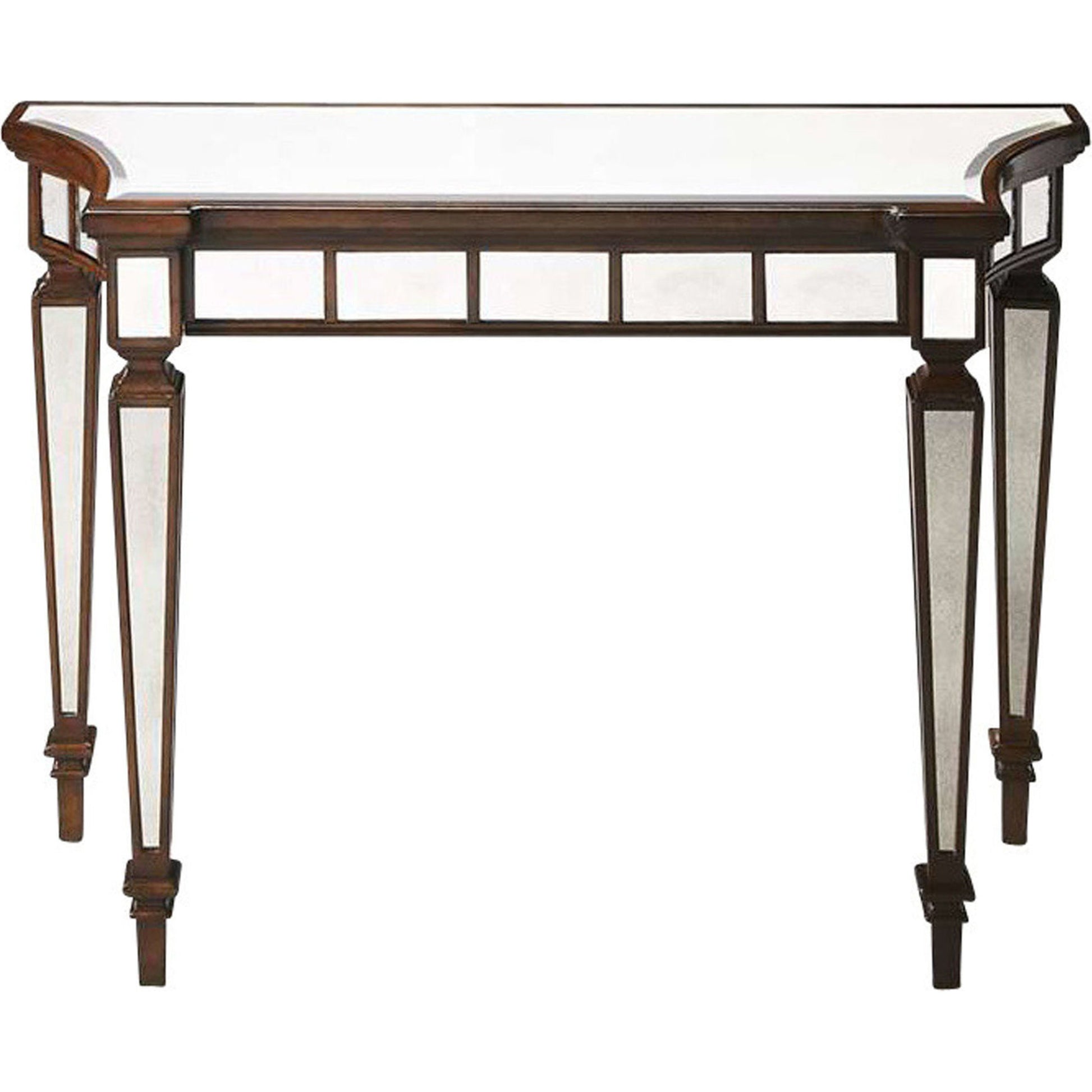 Garbo Mirrored Console Table by Butler Specialty Company in silver and mirror. Made from poplar solids, mdf, antique mirrored glass in a traditional style.