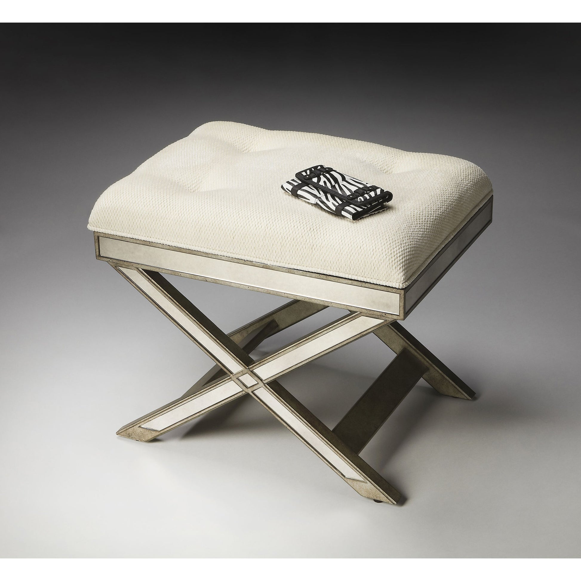 Marlo Mirrored Vanity Stool by Butler Specialty Company in silver and mirror. Made from poplar hardwood solids, mdf, antique mirrored glass, cotton, urethane foam in a traditional style.