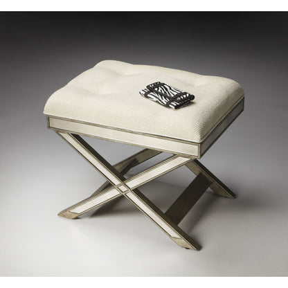 Marlo Mirrored Vanity Stool by Butler Specialty Company in silver and mirror. Made from poplar hardwood solids, mdf, antique mirrored glass, cotton, urethane foam in a traditional style.