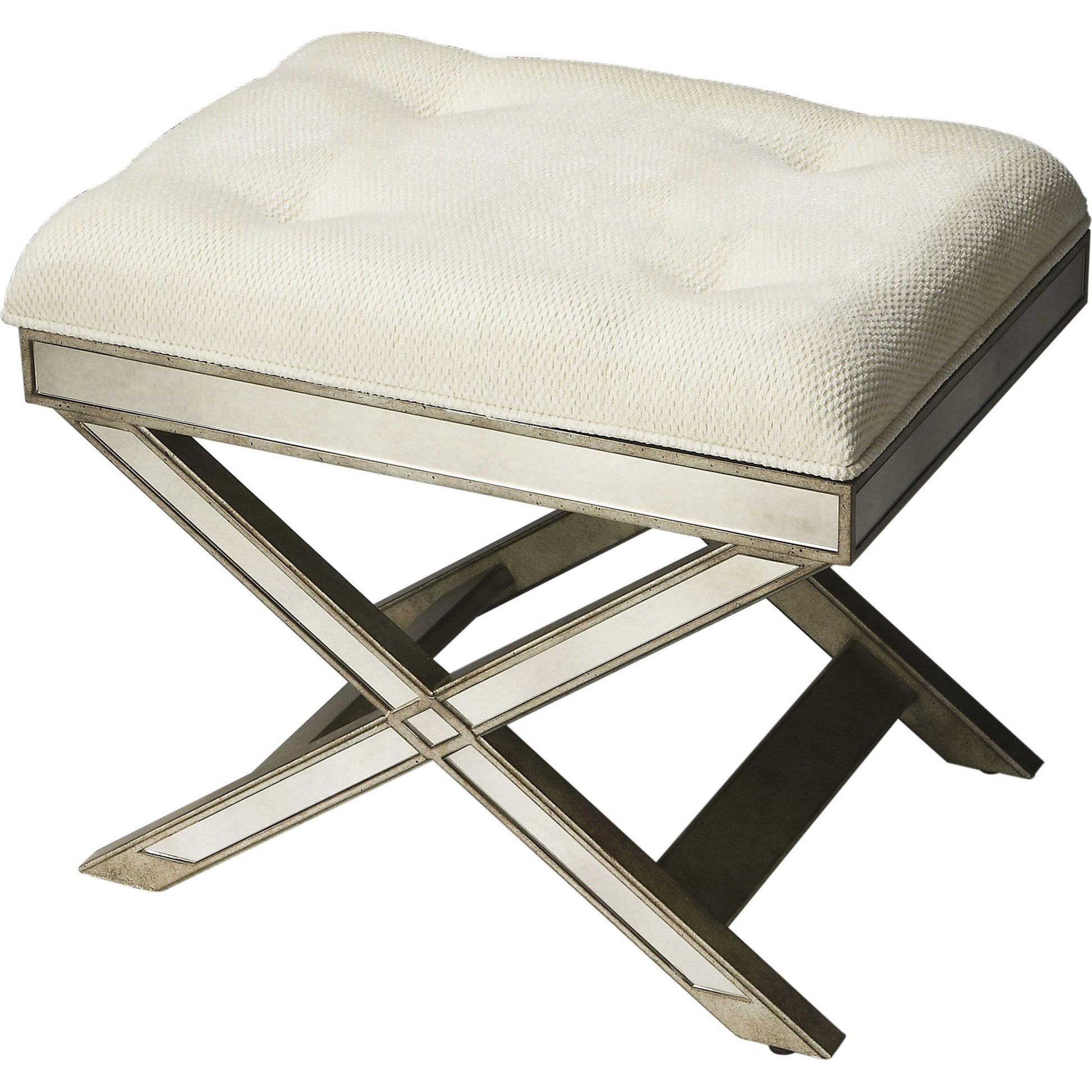 Marlo Mirrored Vanity Stool by Butler Specialty Company in silver and mirror. Made from poplar hardwood solids, mdf, antique mirrored glass, cotton, urethane foam in a traditional style.