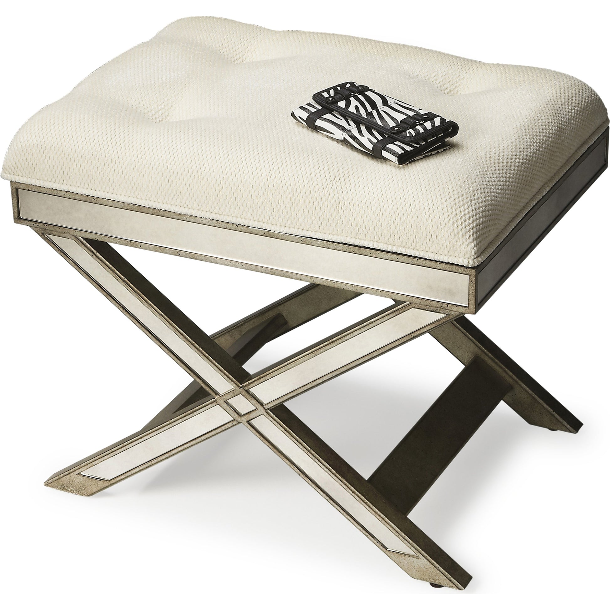 Marlo Mirrored Vanity Stool by Butler Specialty Company in silver and mirror. Made from poplar hardwood solids, mdf, antique mirrored glass, cotton, urethane foam in a traditional style.