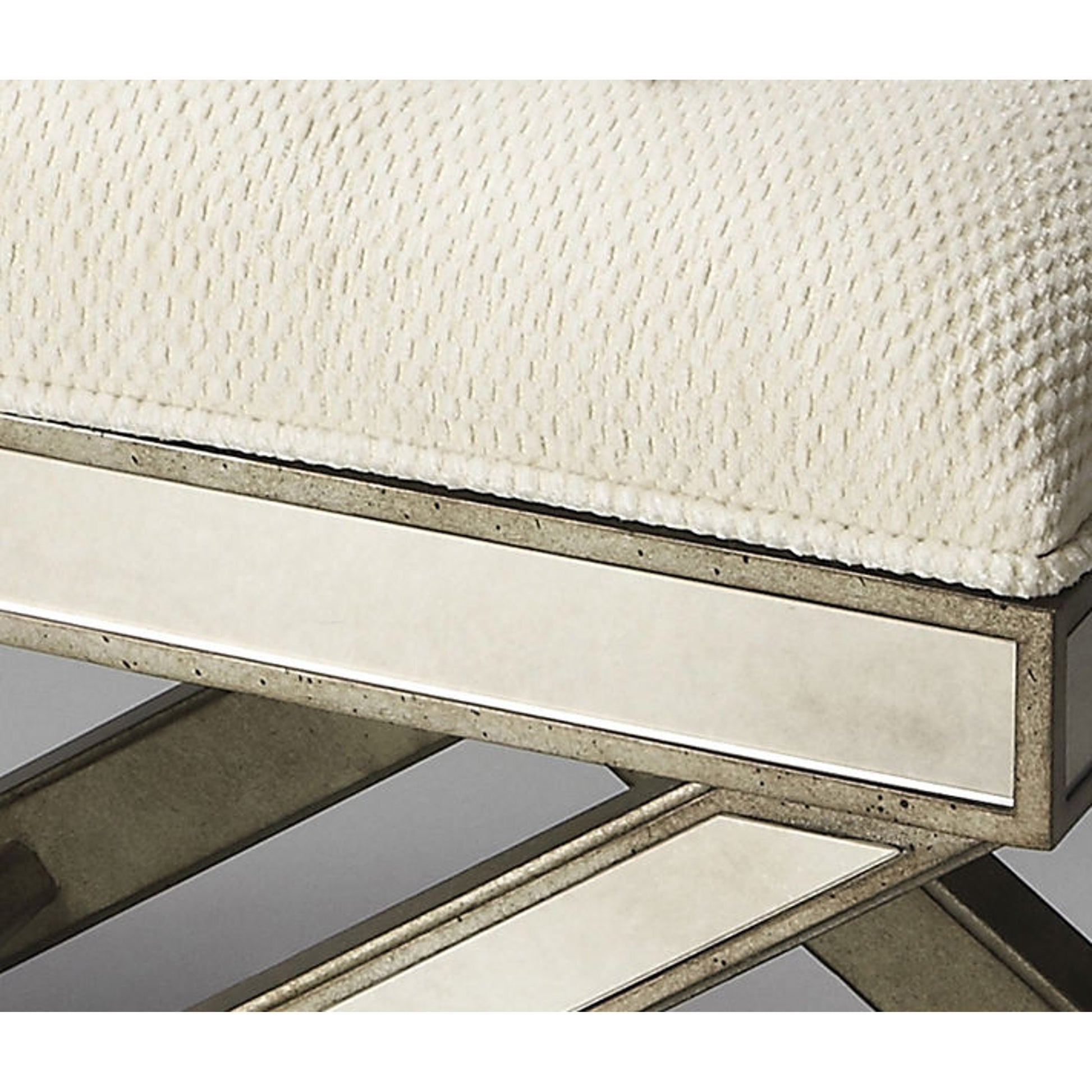 Marlo Mirrored Vanity Stool by Butler Specialty Company in silver and mirror. Made from poplar hardwood solids, mdf, antique mirrored glass, cotton, urethane foam in a traditional style.
