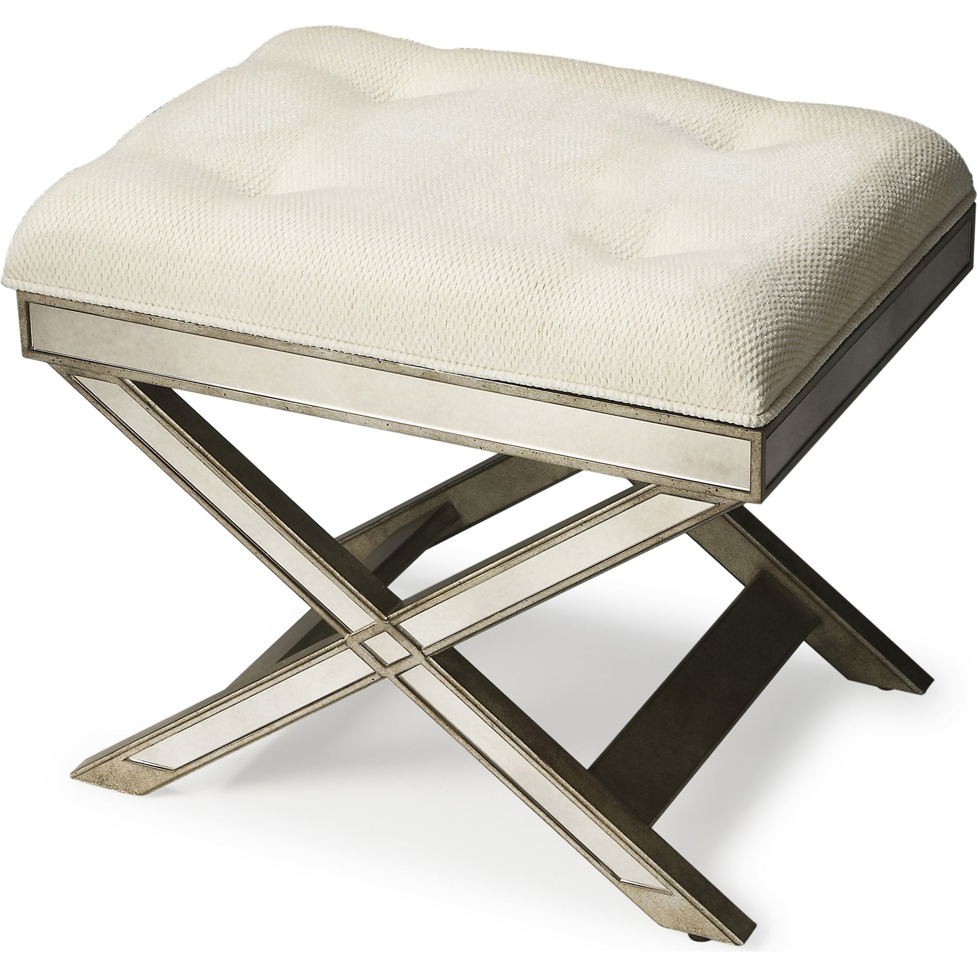 Marlo Mirrored Vanity Stool by Butler Specialty Company in silver and mirror. Made from poplar hardwood solids, mdf, antique mirrored glass, cotton, urethane foam in a traditional style.