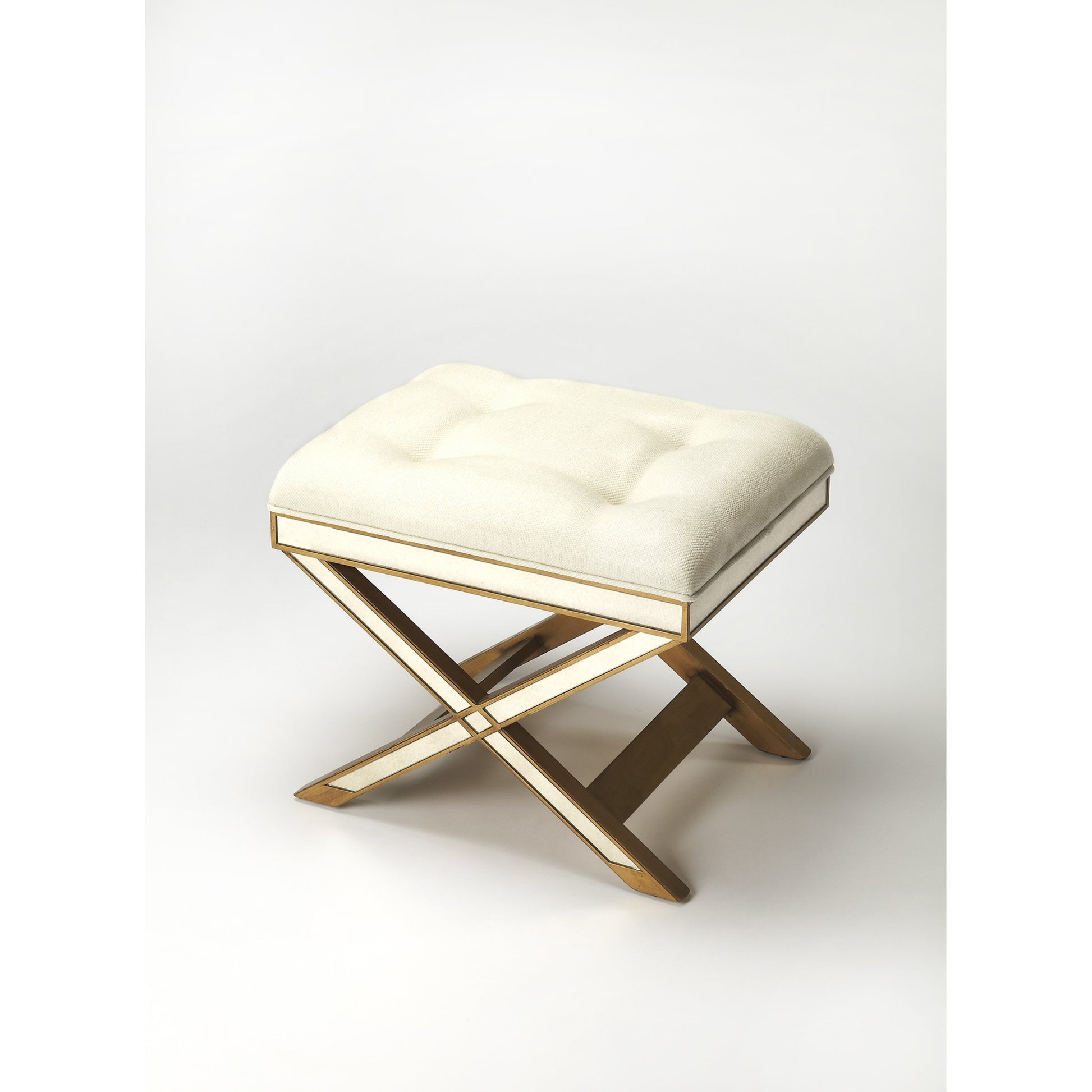 Marlo Mirrored Vanity Stool by Butler Specialty Company in silver and mirror. Made from poplar hardwood solids, mdf, antique mirrored glass, cotton, urethane foam in a traditional style.