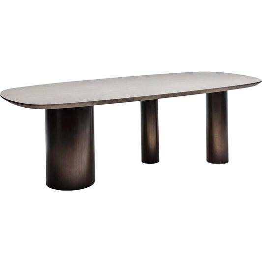Becket Dining Table by Interlude Home in cliffside grey, classic bronze. Made from oak, steel in a modern style.