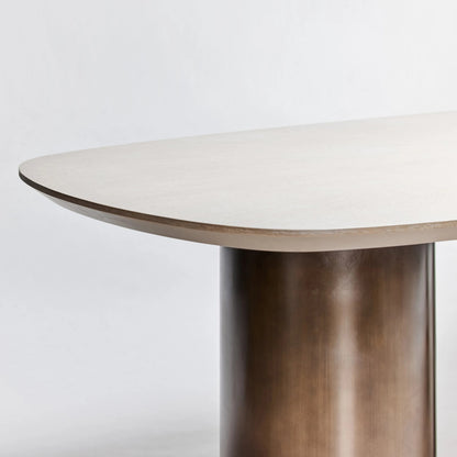 Becket Dining Table by Interlude Home in cliffside grey, classic bronze. Made from oak, steel in a modern style.