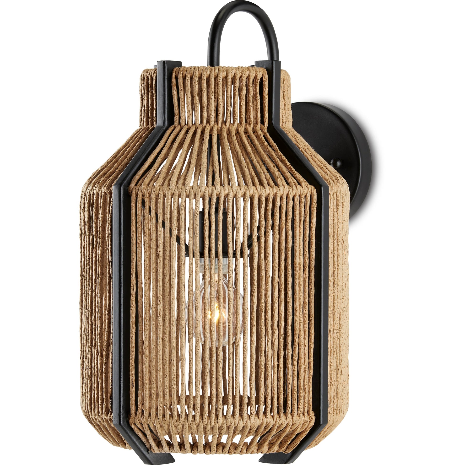 Mali Wall Sconce by Currey and Company in natural, satin black. Made from kraft paper twine, wrought iron in a coastal style.