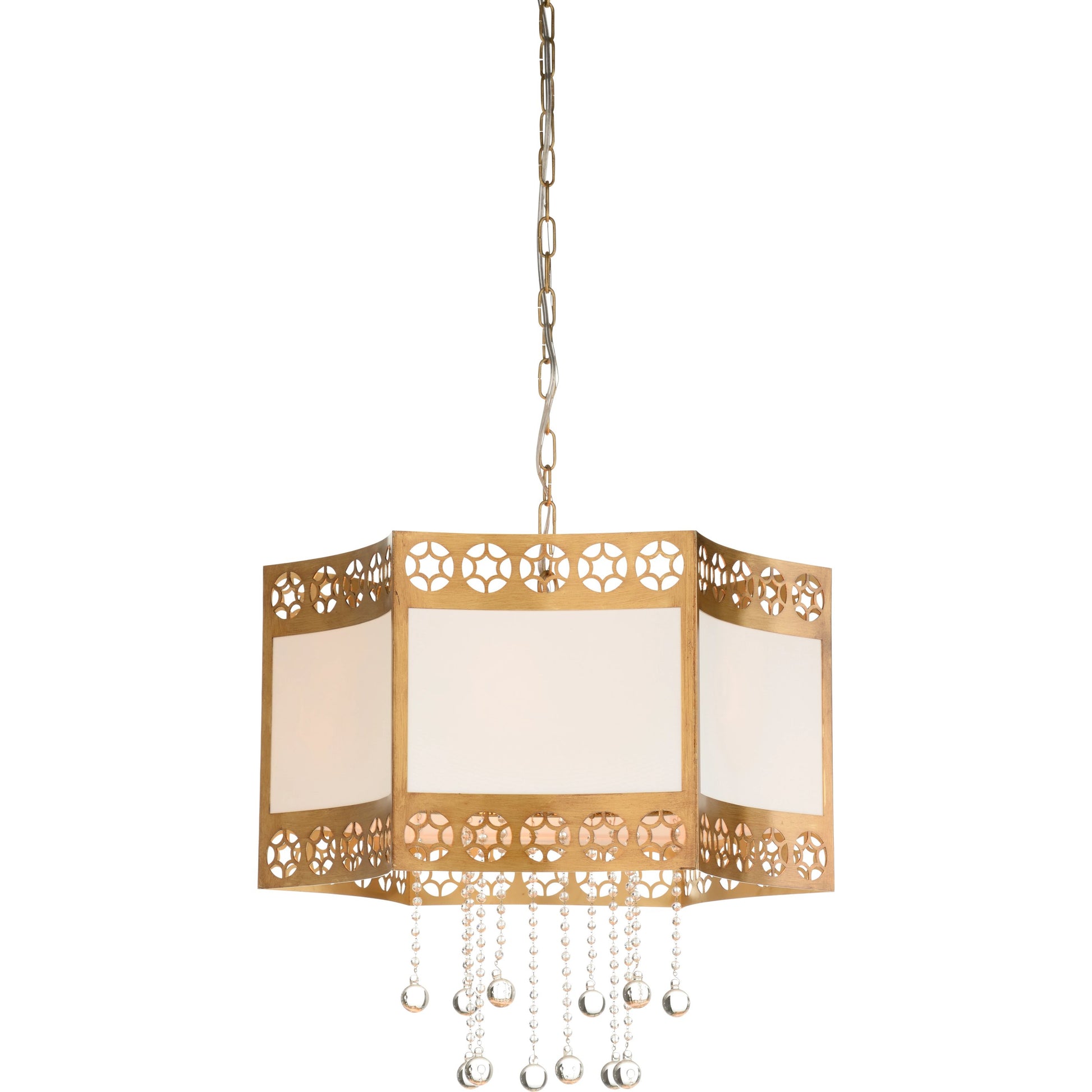 Golden Glory Chandelier by Wildwood in antique brass, off white, clear. Made from unique in a modern style.