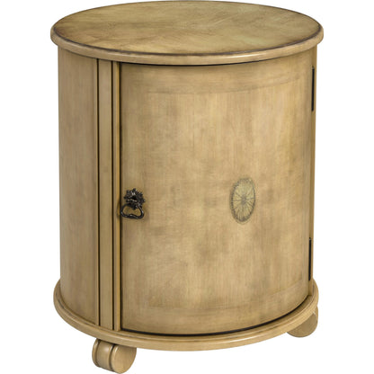Lawrie Drum End Table by Butler Specialty Company in beige and antique beige. Made from rubberwood solids, mdf, cherry, maple and walnut veneers in a cottage & farmhouse style.