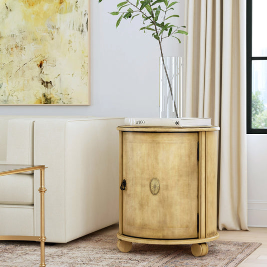 Lawrie Drum End Table by Butler Specialty Company in beige and antique beige. Made from rubberwood solids, mdf, cherry, maple and walnut veneers in a cottage & farmhouse style.