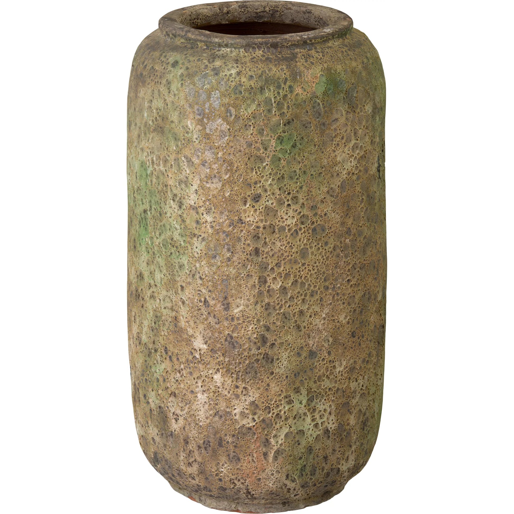 Squat Jar by Emissary in reef green and rough distress. Made from ceramic in a unique style.