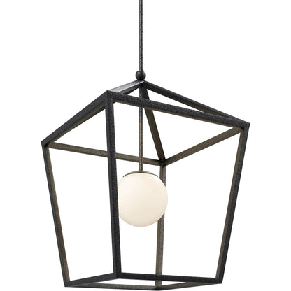 Denison Outdoor Lantern by Currey and Company in black, frosted white. Made from wrought iron, glass in a modern style.