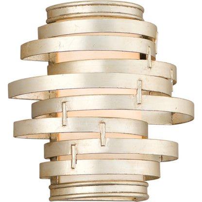 Vertigo Wall Sconce by Corbett in modern silver leaf. Made from hand worked iron in a modern style.