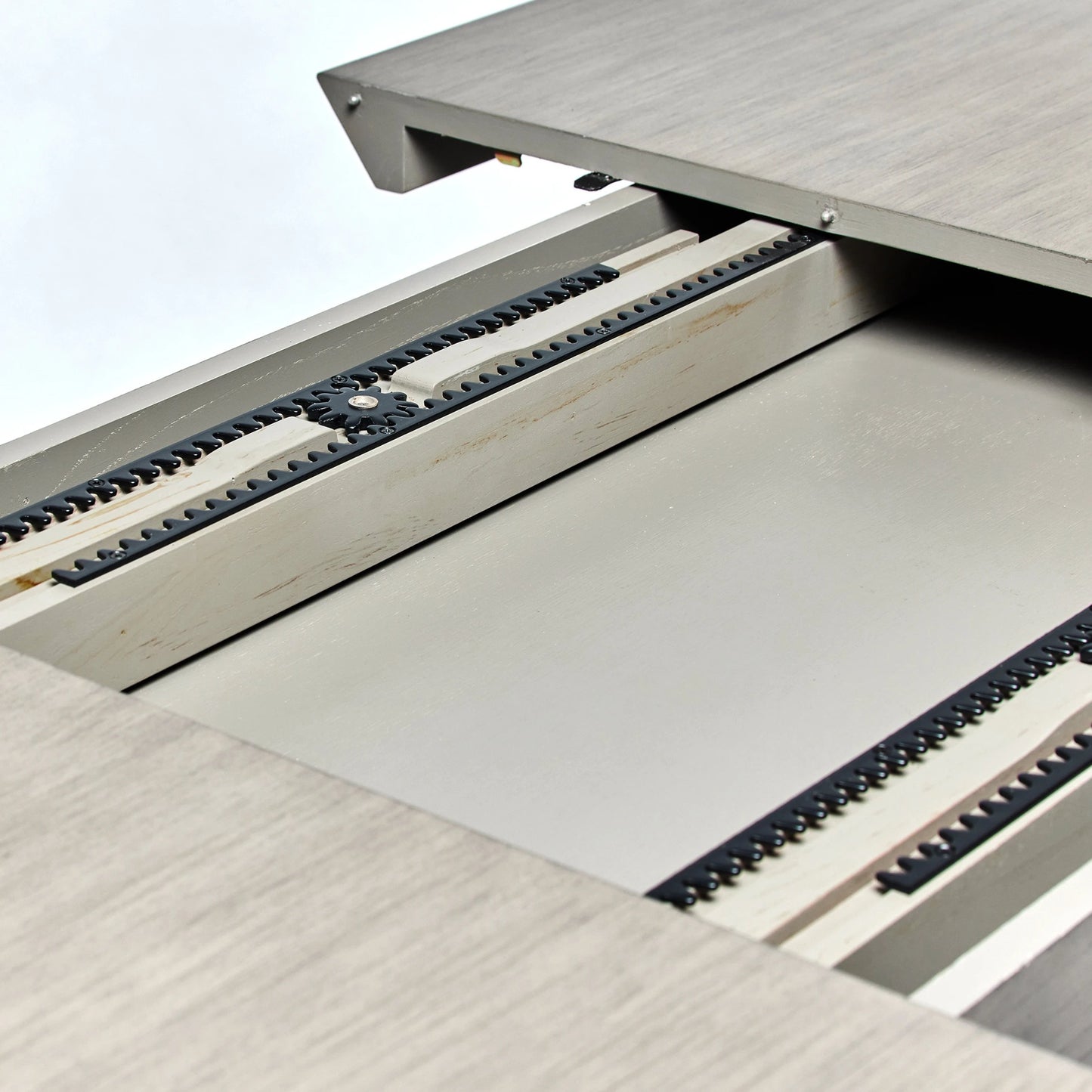 011 SI-2130755 | Closeup | Deerfield Extension Table by Interlude Home in washed grey. Made from sungkai wood in a modern style.