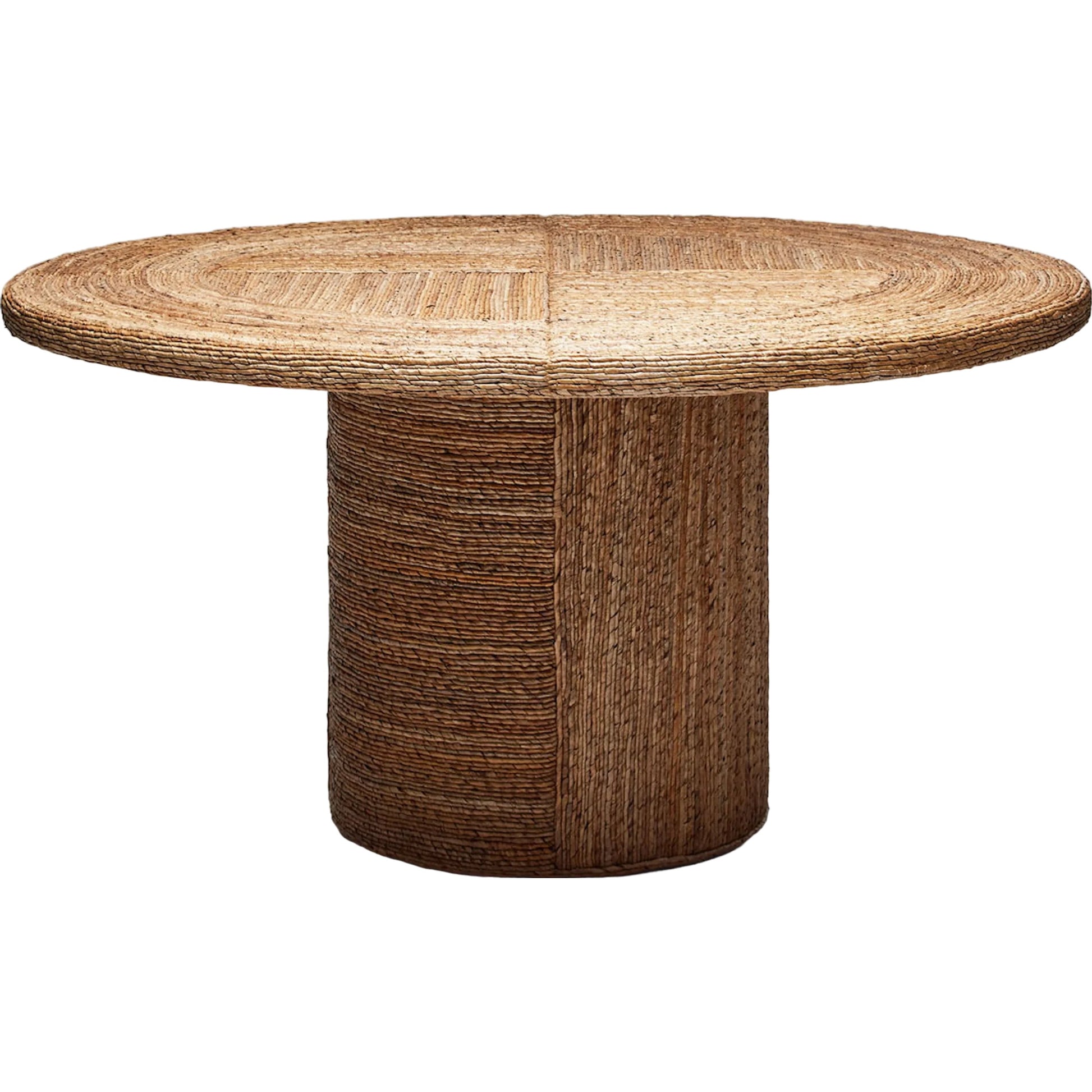 Laguna Dining Table by Interlude Home in brown and light satin. Made from banana bark in a rustic style.