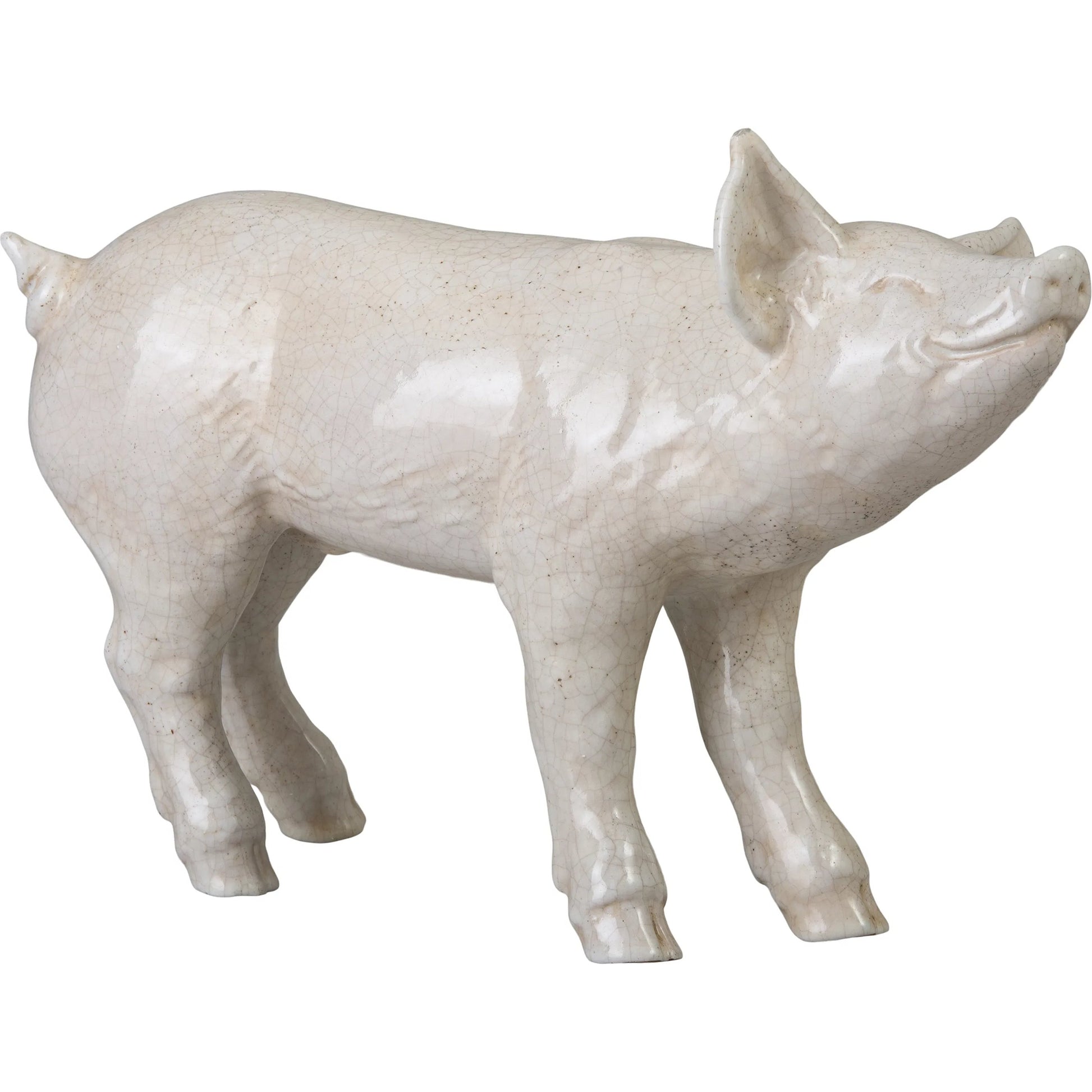 Standing Indoor/Outdoor Pig by Emissary in white crackle and glossy. Made from ceramic in a unique style.