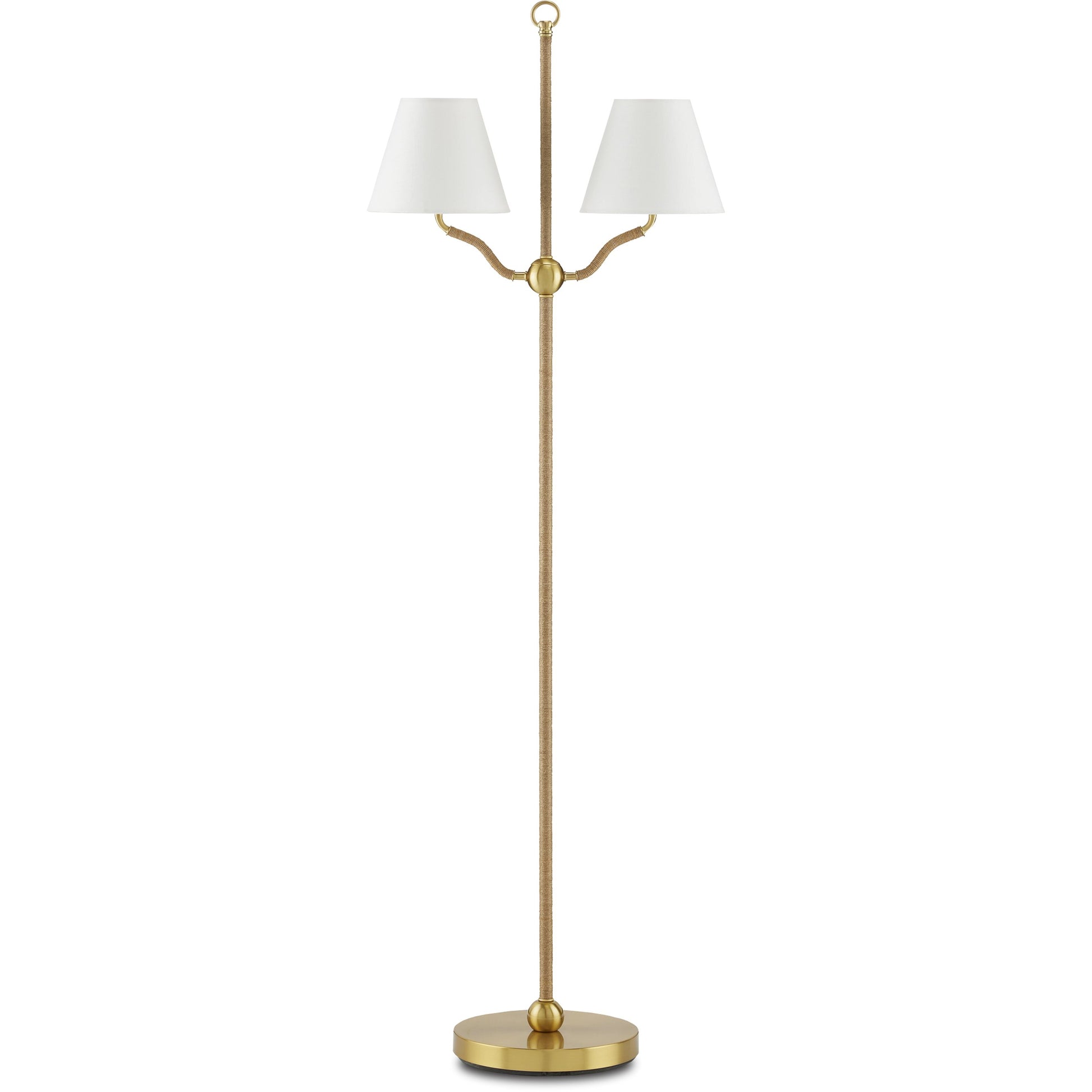 Sirocco Floor Lamp by Currey and Company in antique brass. Made from natural jute rope, metal in a modern style.