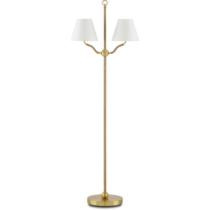 Sirocco Floor Lamp by Currey and Company in antique brass. Made from natural jute rope, metal in a modern style.