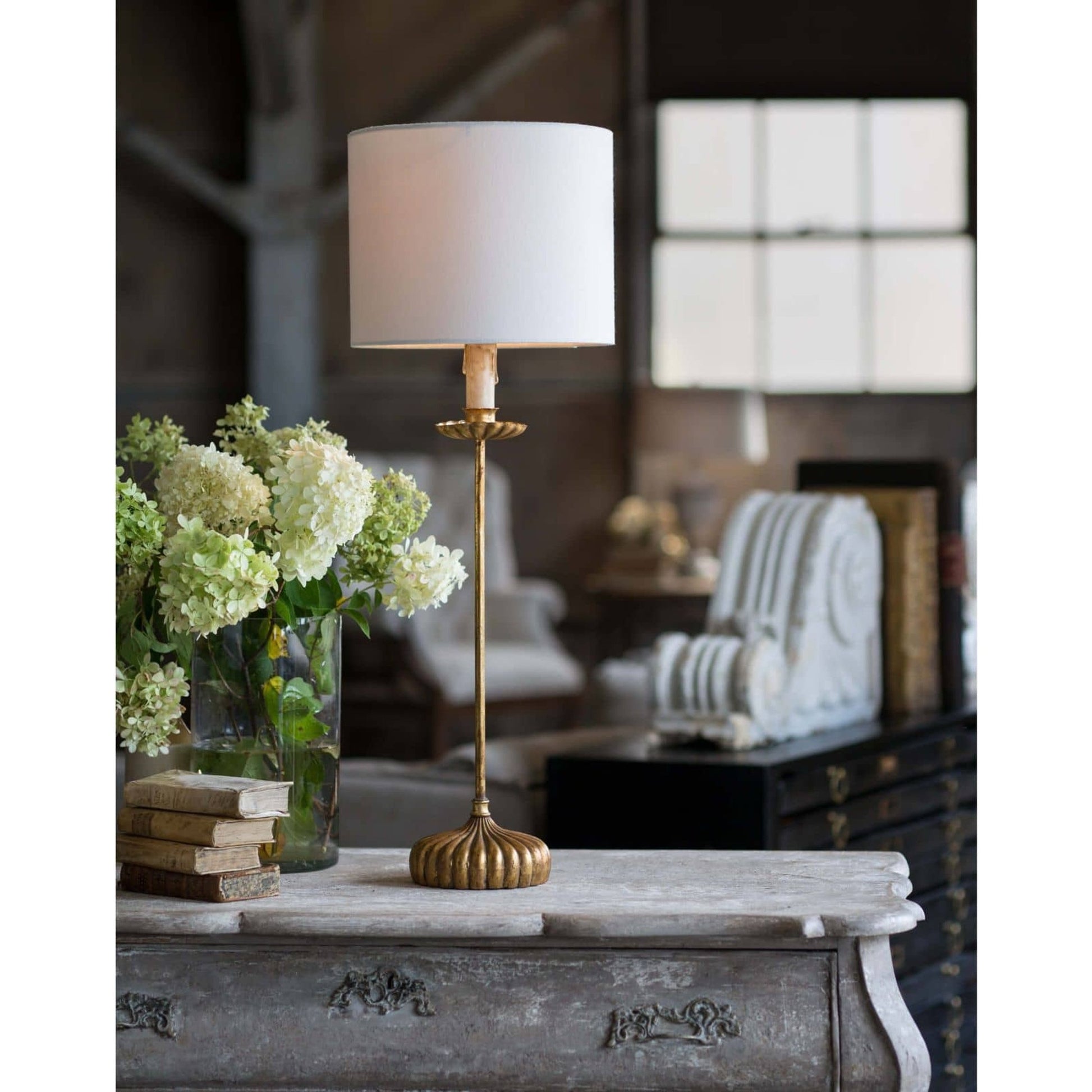 Clove Stem Buffet Table Lamp by Regina Andrew in gold and antique gold leaf. Made from cast iron in a traditional style.