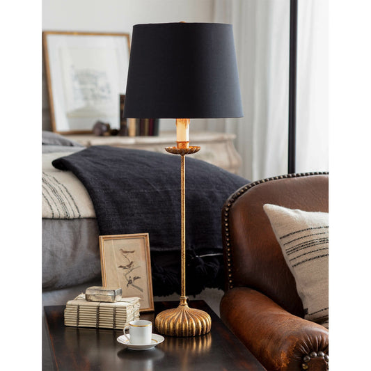 Clove Stem Buffet Table Lamp by Regina Andrew in gold and antique gold leaf. Made from cast iron in a traditional style.