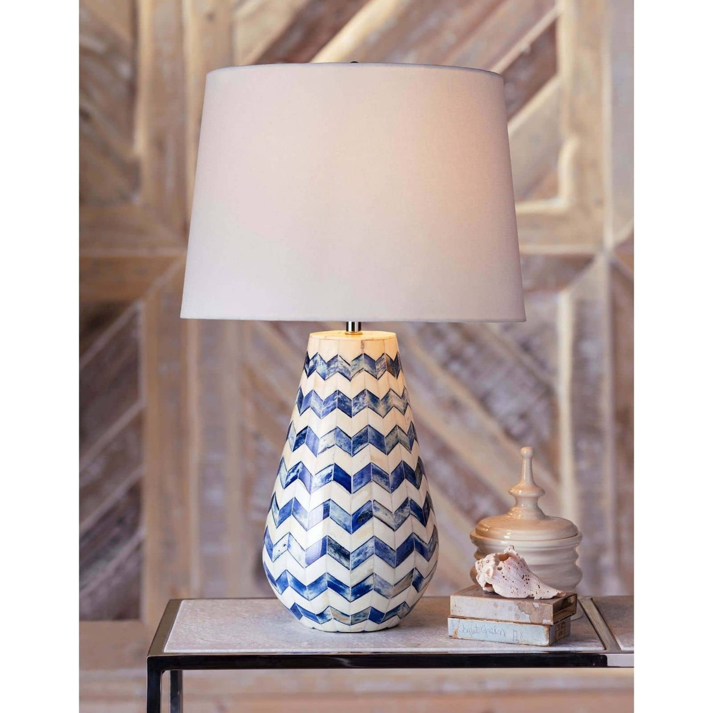 006 SR-769906 | Lifestyle | Cassia Blue Chevron Table Lamp by Regina Andrew in blue. Made from bone in a modern style.