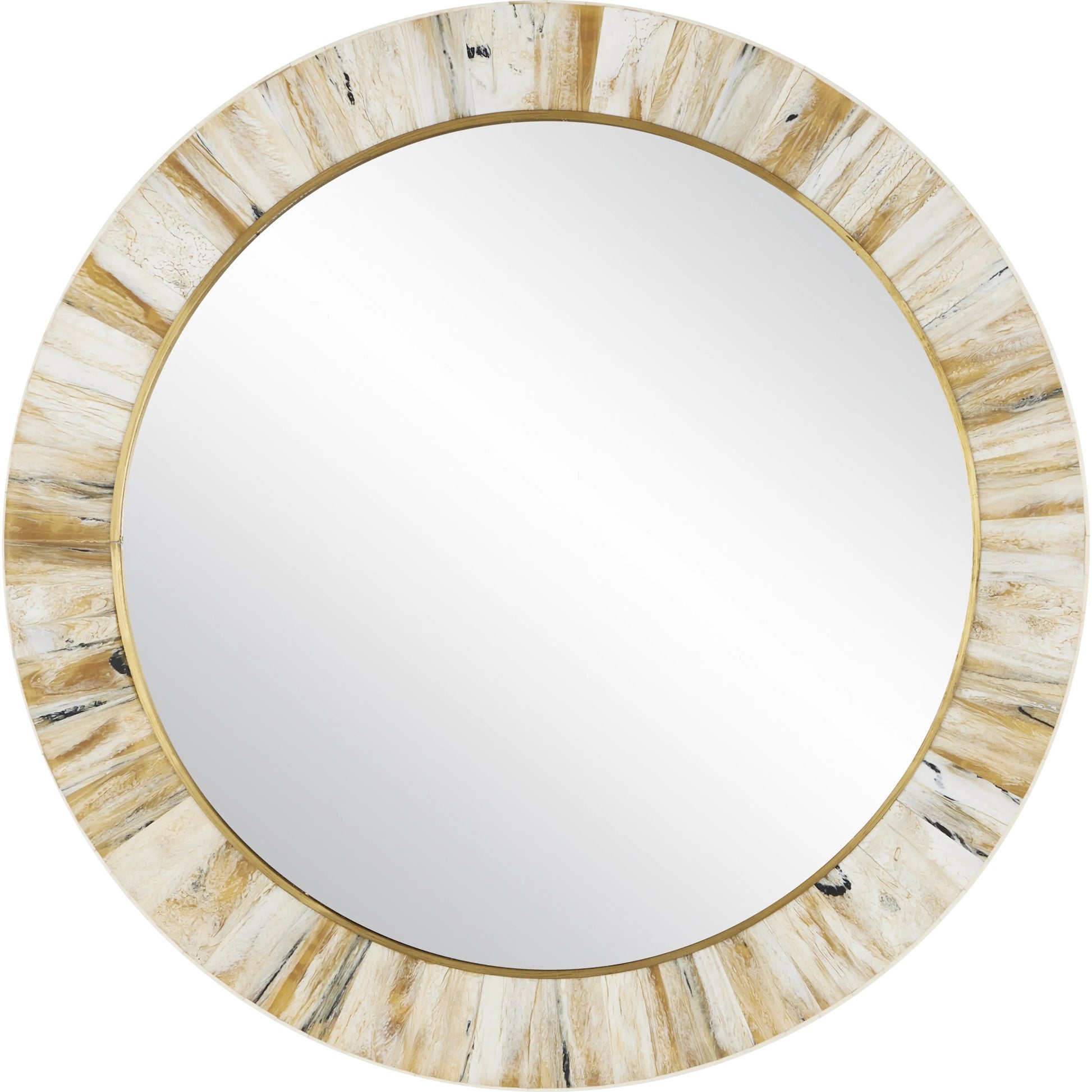 Niva Round Wall Mirror by Currey and Company in cream, brass, mirror. Made from composite, brass, glass, engineered hardwood in a modern style.