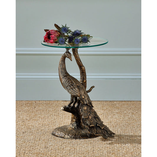 Paonne Accent Table by Currey and Company in antique gold, clear. Made from cast aluminum, glass in a rustic style.