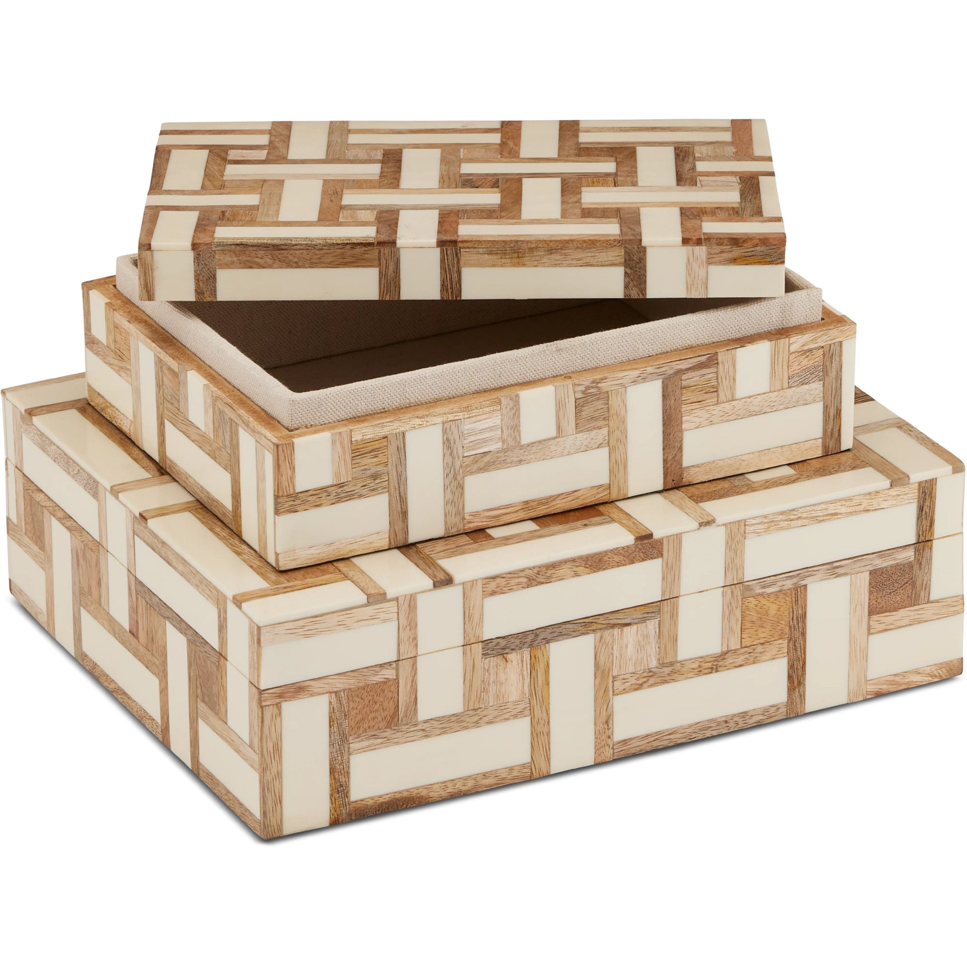 Aarna Box Set by Currey and Company. Made from composite, wood, engineered hardwood, linen in a modern style.