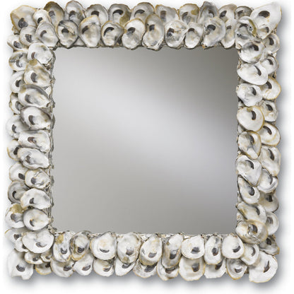 Oyster Shell Mirror by Currey and Company in natural shell. Made from wood, oyster shell, mirror in a coastal style.