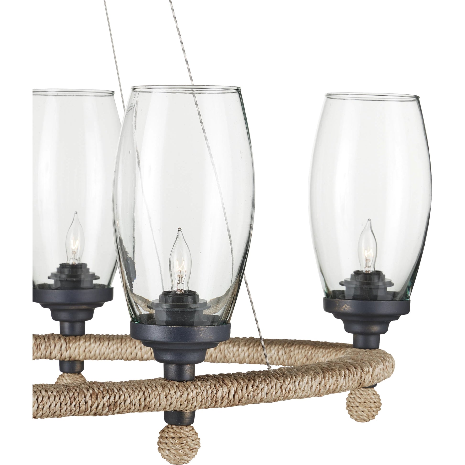 Hightider Glass Oval Chandelier by Currey and Company in natural, clear, french black. Made from wrought iron, abaca rope, recycled glass in a modern style.