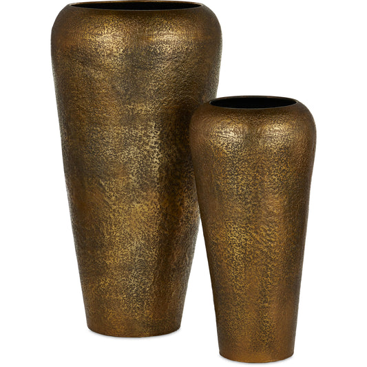Aladdin Vase Set by Currey and Company in antique gold. Made from cast aluminum in a modern style.