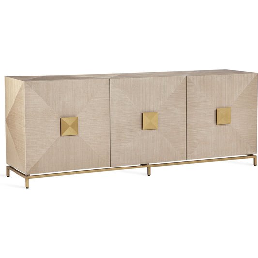 Gaspard Credenza by Interlude Home in latte, high gloss navy, antique brass. Made from sisal, wood, metal in a transitional style.