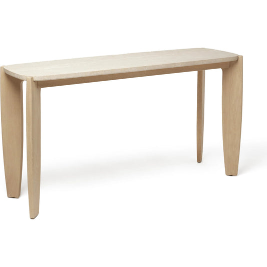 Rocco Console by Interlude Home in cream, tan and raw travertine, saddle. Made from travertine, oak in a unique style.