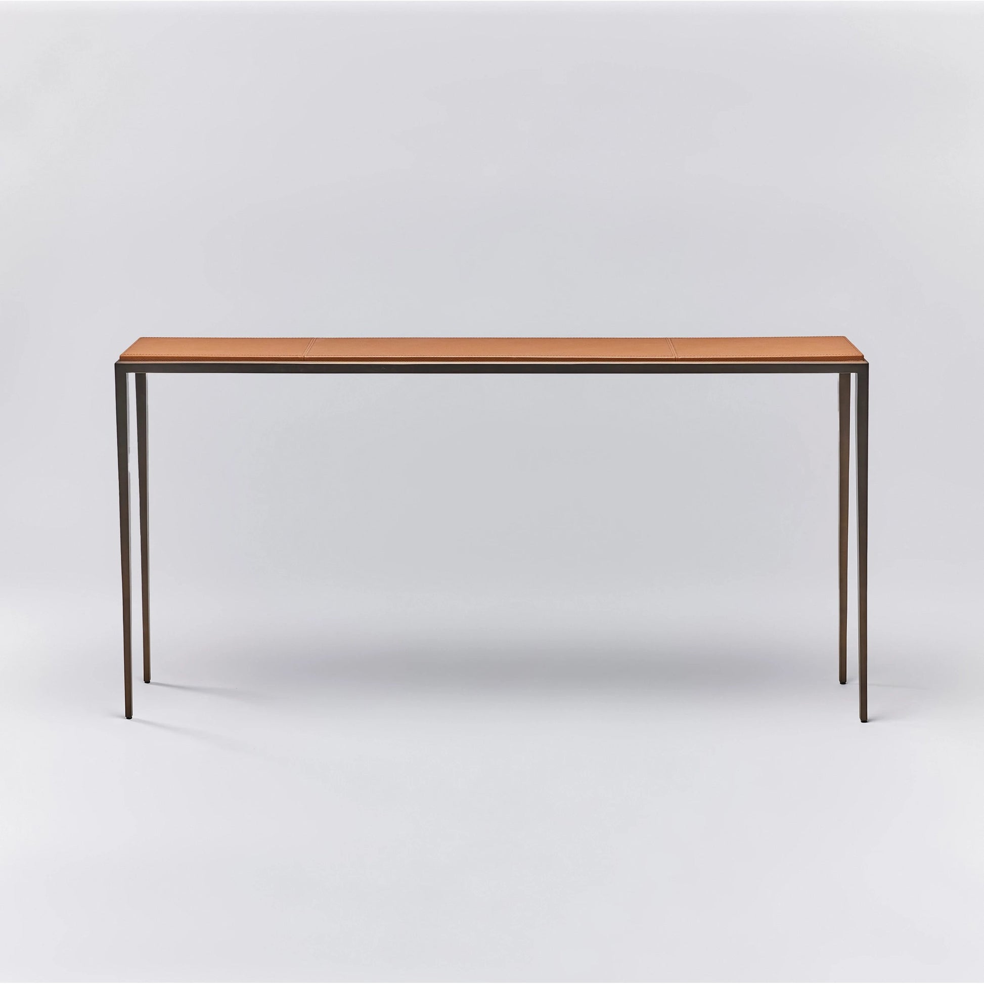 Auburn Console Table by Interlude Home in classic bronze, beach stone. Made from wood, cast iron, leather in a modern style.