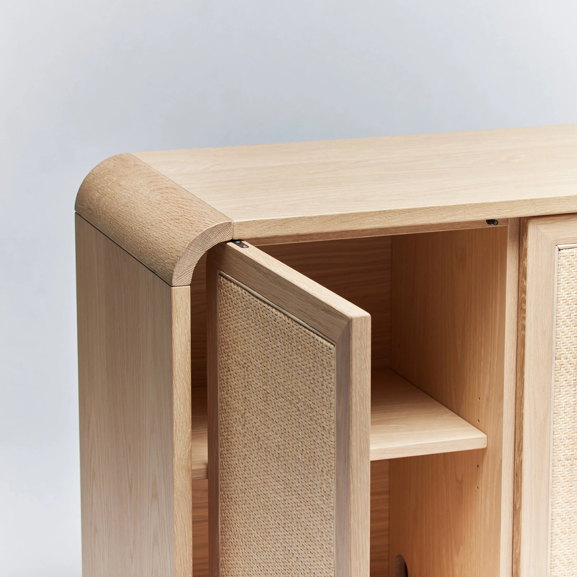 Marsh Credenza by Interlude Home in pale natural, blonde. Made from oak, rattan in a cottage & farmhouse style.