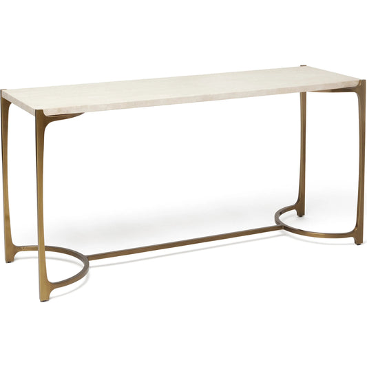 Beaumont Console by Interlude Home in raw travertine, golden bronze. Made from travertine, metal in a transitional style.