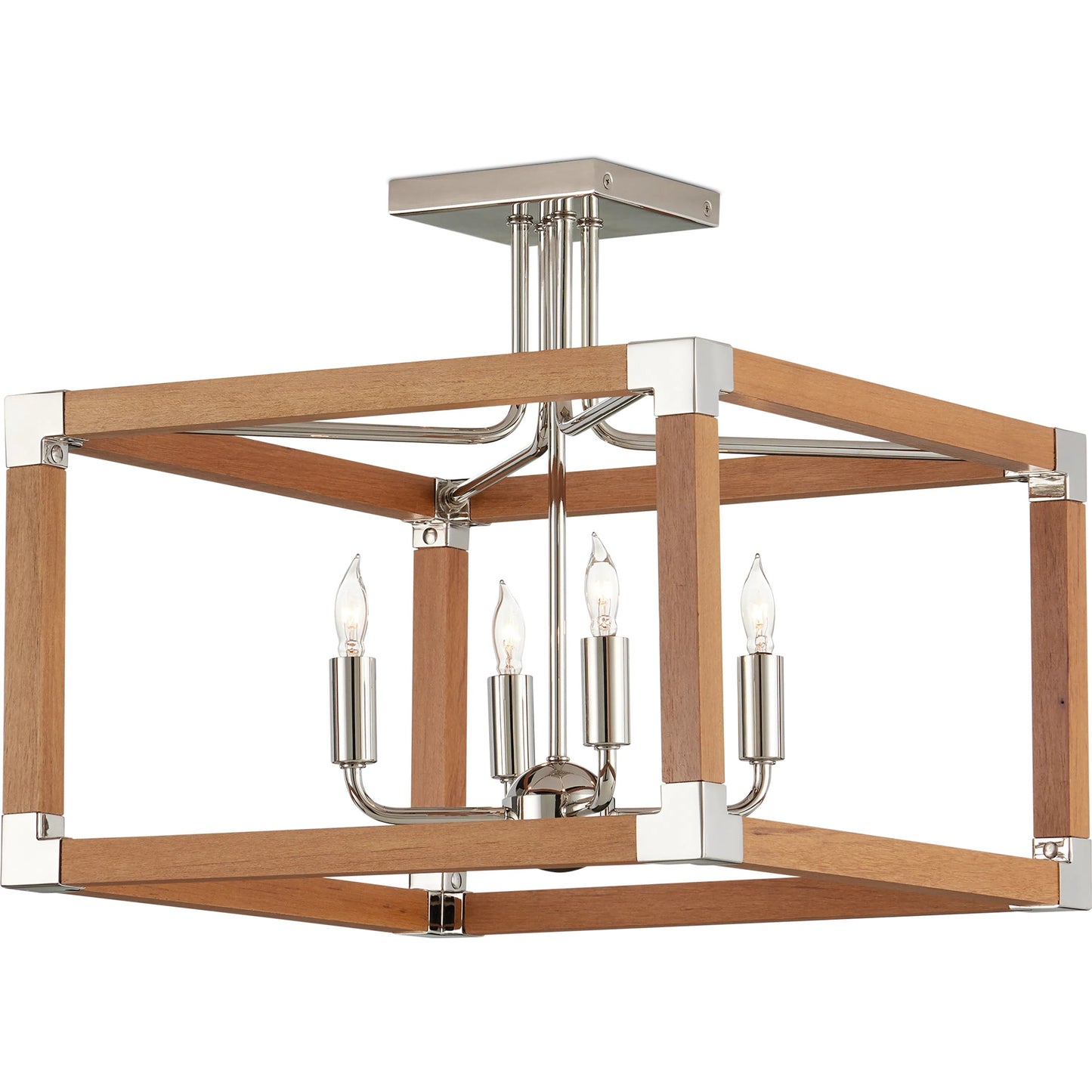 001 SI-2524247 | Primary Silo | Boyd Semi-Flush Mount by Currey and Company in natural, polished nickel. Made from teak wood, metal in a modern style.
