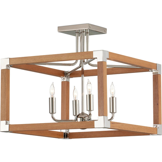 Boyd Semi-Flush Mount by Currey and Company in natural, polished nickel. Made from teak wood, metal in a modern style.