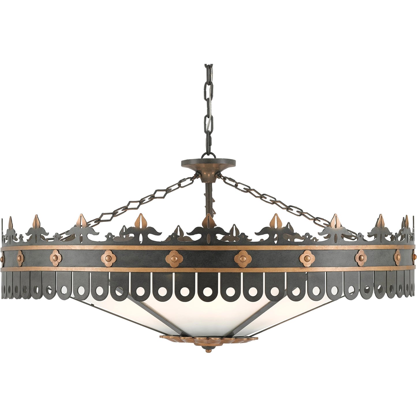 001 S-223647 | Primary Silo | Berkeley Chandelier by Currey and Company in antique gold, moss gray. Made from wrought iron, acrylic in a traditional style.