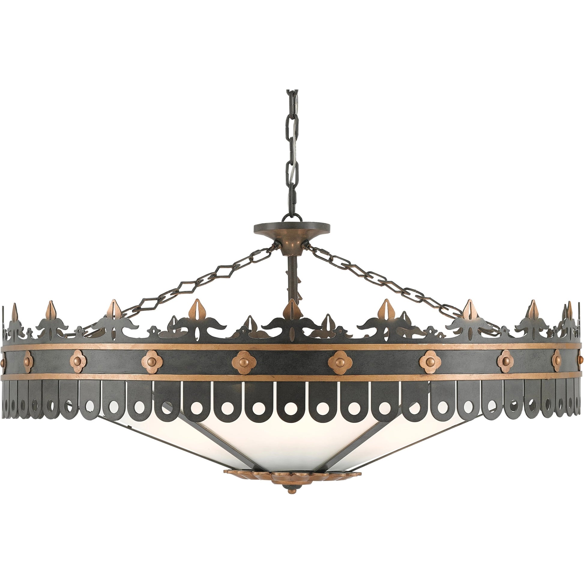 Berkeley Chandelier by Currey and Company in antique gold, moss gray. Made from wrought iron, acrylic in a traditional style.
