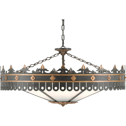 Berkeley Chandelier by Currey and Company in antique gold, moss gray. Made from wrought iron, acrylic in a traditional style.