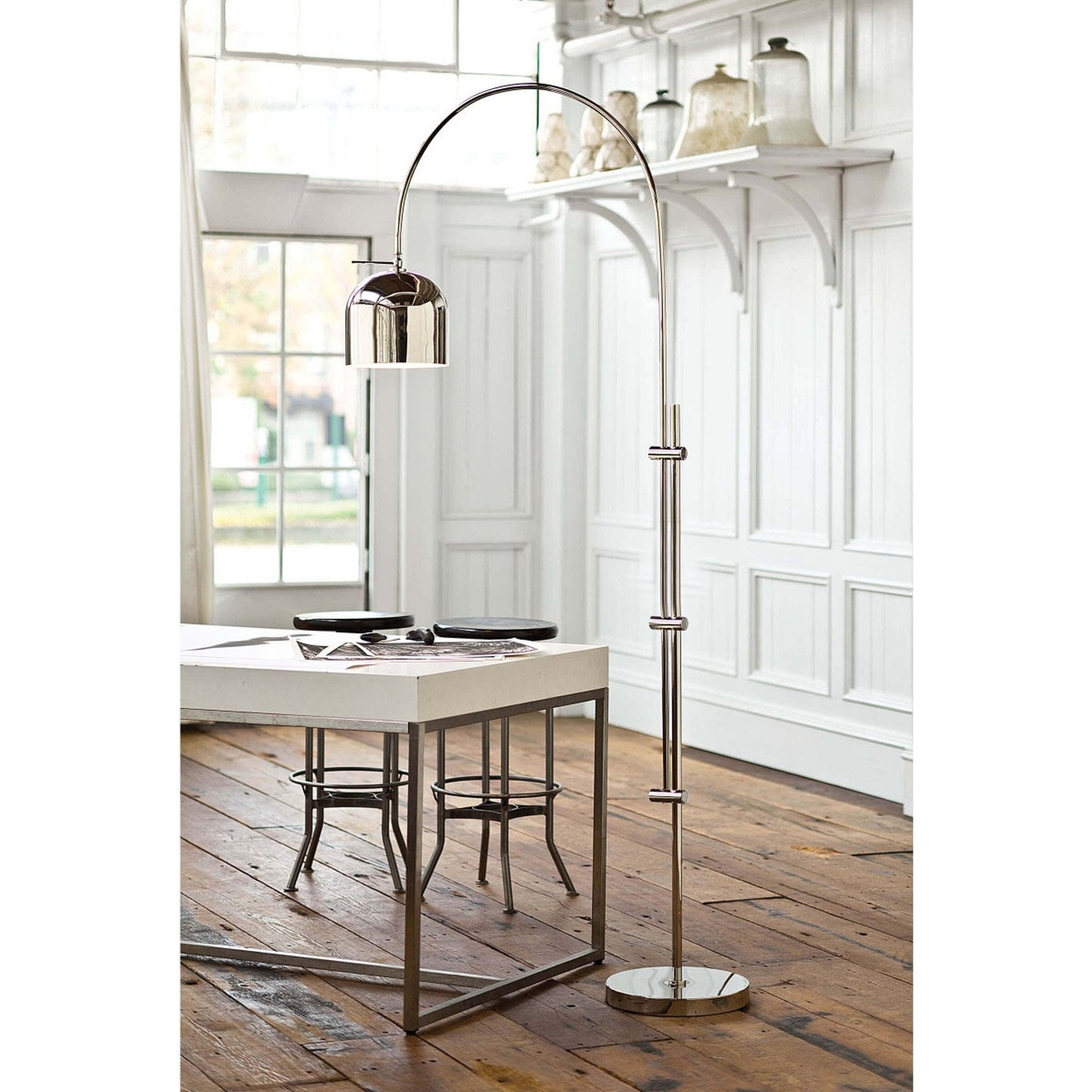 006 S-286700 | Lifestyle | Arc Floor Lamp with Metal Shade by Regina Andrew in nickel and polished nickel. Made from steel in a modern style.