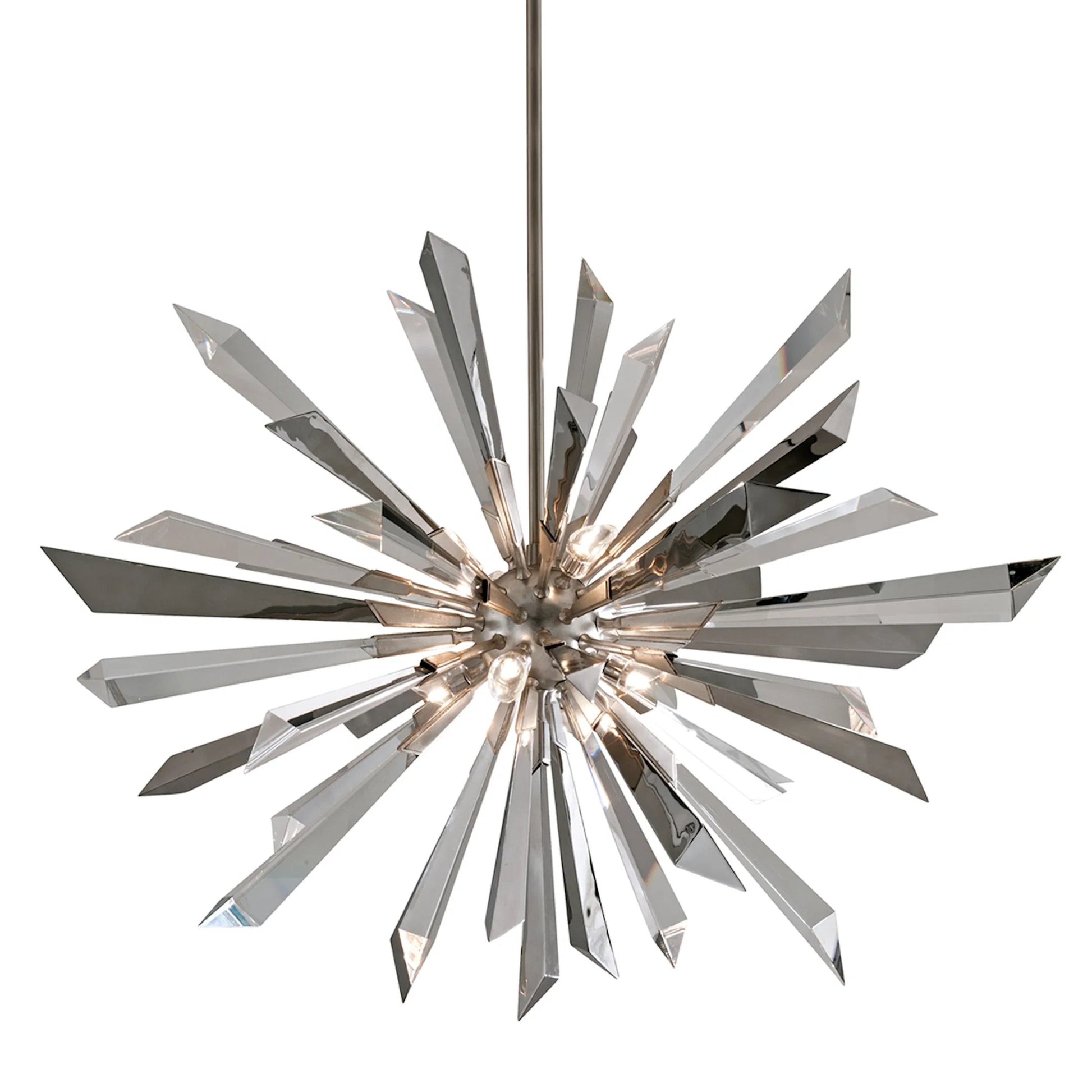 Inertia Chandelier by Corbett in warm silver leaf. Made from hand crafted iron in a unique style.