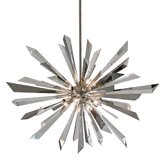 Inertia Chandelier by Corbett in warm silver leaf. Made from hand crafted iron in a unique style.