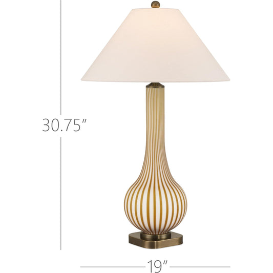 Striae Table Lamp by Currey and Company in yellow, off-white. Made from glass in a unique style.